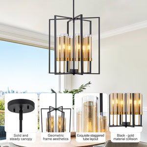 Lustre géométrique industriel noir en fer à 6 ampoules de 45 cm (17,72 po) avec abat-jour en verre transparent pour îlot de cuisine, foyers, couloir