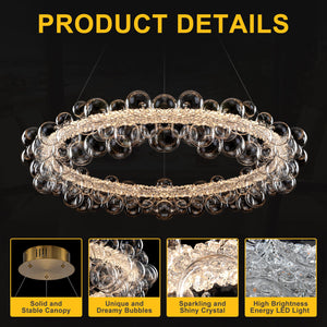 1-Leuchtgoldene moderne runde Kugel-Kristall-LED-Pendelleuchte, dimmbar, mit Glasblasen