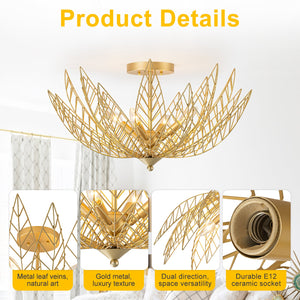 26 Zoll 4-flammige moderne luxuriöse goldfarbene halbeinbaubare Deckenleuchte mit Metallblätterschirm
