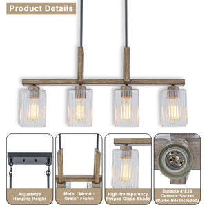 Lustre linéaire noir mat de 30,5 po à 4 lumières de style ferme moderne avec îlot suspendu à accent en faux bois et abat-jour en verre