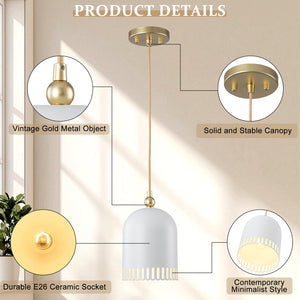 1-flammige Pendelleuchte aus goldfarbenem Eisen in halbkuppelförmigem Design mit mattweißem Metallschirm und Aushöhlungen für das Wohnzimmer
