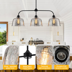 Lustre linéaire moderne noir mat de 99 cm à 3 lumières avec abat-jour en verre texturé pour îlot de cuisine