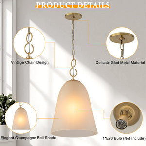 1-Light Modern Gold Bell Shaped Chandelier Hanging Light with Champagne-Colored Glass Shade for Dining Room