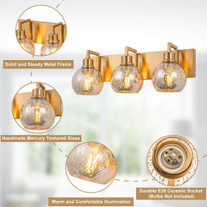 20,47 Zoll 3-Flammen Moderne Gold Metall Lineare Bad Spiegelleuchte mit Kugel-Quecksilberglas-Schirmen
