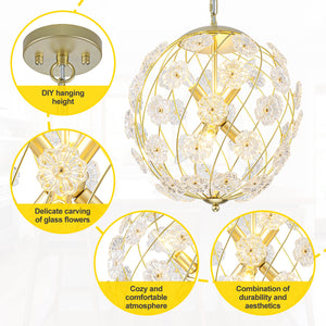 Lustre cage globe moderne en métal doré à 6 lumières avec abat-jour en verre en forme de fleur pour salon, salle à manger, chambre à coucher