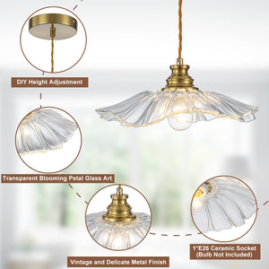 Pendentif suspendu moderne rose 1 lumière de 28 cm avec abat-jour en verre en forme de fleur pour chambre à coucher, îlot de cuisine