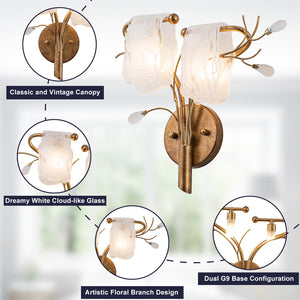 Applique murale 2 lumières or antique de 40,9 cm avec abat-jour en verre dépoli, luminaire mural pour chambre ou salon