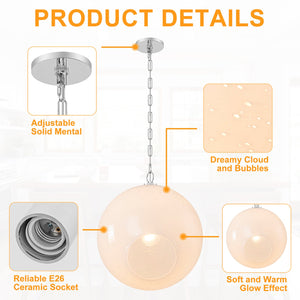 Suspension Globe Moderne Chromé avec Abat-jour en Verre Bulle Blanc pour Îlot de Cuisine, Salle à Manger