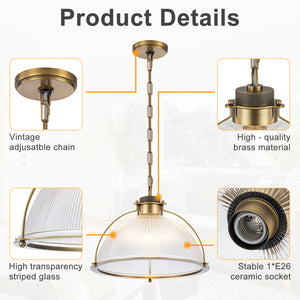 Suspension dôme en laiton pour îlot de cuisine ou salle à manger, 1 lumière, au design industriel avec abat-jour en verre transparent