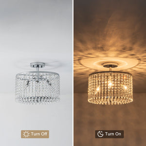13.8 in. 3-Light Modern Small Chrome Drum Semi-Flush Mount Ceiling Light with Beaded Crystal Shade for Kitchen