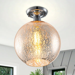 Plafonnier rond encastré 1 lumière, 10 po, chrome, style de transition, avec abat-jour globe en verre craquelé pour couloir