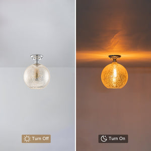 Plafonnier rond encastré 1 lumière, 10 po, chrome, style de transition, avec abat-jour globe en verre craquelé pour couloir