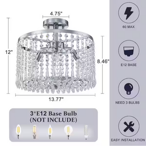 13.8 in. 3-Light Modern Small Chrome Drum Semi-Flush Mount Ceiling Light with Beaded Crystal Shade for Kitchen