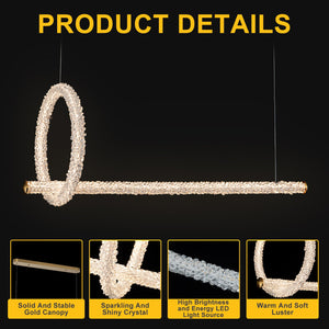 Lustre suspension LED intégré dimmable 2 lumières, moderne, luxe, avec anneau et barre dorés et cristaux pour salle à manger