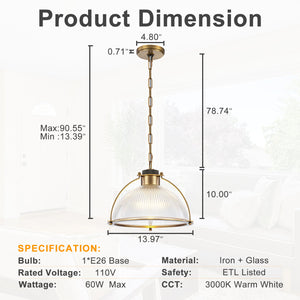 Suspension dôme en laiton pour îlot de cuisine ou salle à manger, 1 lumière, au design industriel avec abat-jour en verre transparent