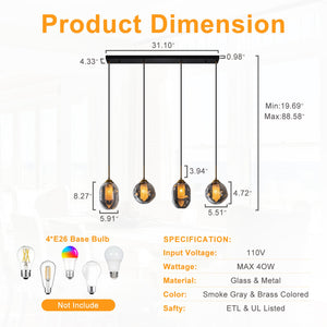 Suspension linéaire moderne noire à 4 lumières de 38,6 po avec abat-jour en verre à 2 niveaux pour îlot de cuisine
