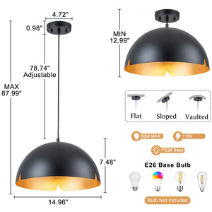 Suspension cloche industrielle 1 lumière en métal noir/blanc de 38 cm avec abat-jour en fer pour salles à manger, cuisines