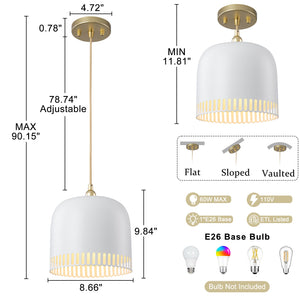 1-flammige Pendelleuchte aus goldfarbenem Eisen in halbkuppelförmigem Design mit mattweißem Metallschirm und Aushöhlungen für das Wohnzimmer