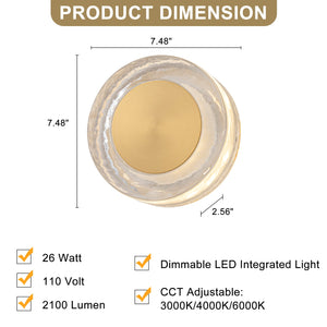 7.48 Zoll. Moderne Messing runde dimmbare integrierte LED-Wandleuchte Klarglas Badezimmer Waschtischleuchte
