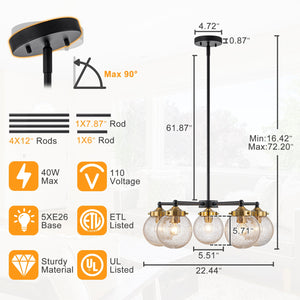 Lustre moderne en forme de branche noire à 5 lumières de 22,44 po avec abat-jour en verre craquelé transparent pour îlot de cuisine, salon