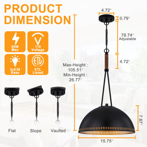 Suspension lustre dôme industriel vintage 3 lumières 40 cm en métal avec abat-jour en fer pour cuisine, salle à manger
