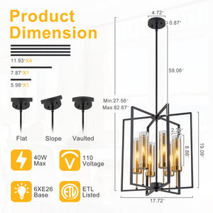 Lustre géométrique industriel noir en fer à 6 ampoules de 45 cm (17,72 po) avec abat-jour en verre transparent pour îlot de cuisine, foyers, couloir