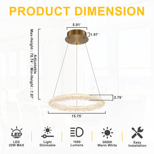 1-flammige moderne goldene Metallring-Kristall-LED-Pendelleuchte, dimmbarer Kronleuchter für Esszimmer