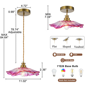 Pendentif suspendu moderne rose 1 lumière de 28 cm avec abat-jour en verre en forme de fleur pour chambre à coucher, îlot de cuisine