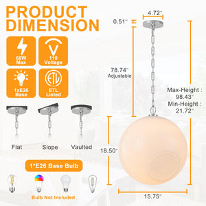 Suspension Globe Moderne Chromé avec Abat-jour en Verre Bulle Blanc pour Îlot de Cuisine, Salle à Manger