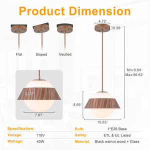 Suspension globe à 1 lumière en bois avec abat-jour en verre blanc de 27 cm pour îlot de cuisine et chambre à coucher