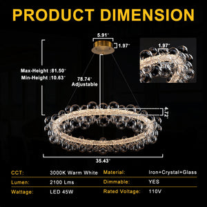 1-Leuchtgoldene moderne runde Kugel-Kristall-LED-Pendelleuchte, dimmbar, mit Glasblasen