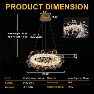 1-Leuchtgoldene moderne runde Kugel-Kristall-LED-Pendelleuchte, dimmbar, mit Glasblasen