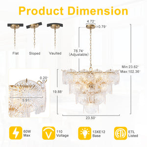 Lustre de salon moderne doré de 61 cm à 13 lumières avec abat-jour en verre transparent texturé en forme de pétales
