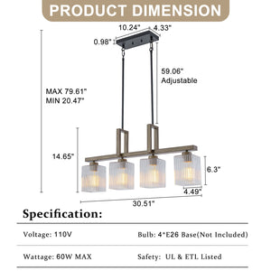 Lustre linéaire noir mat de 30,5 po à 4 lumières de style ferme moderne avec îlot suspendu à accent en faux bois et abat-jour en verre