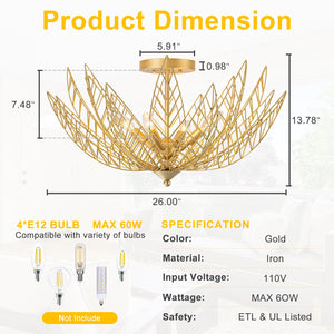 26 Zoll 4-flammige moderne luxuriöse goldfarbene halbeinbaubare Deckenleuchte mit Metallblätterschirm