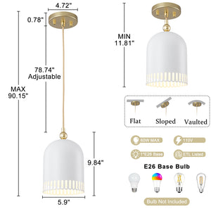 1-flammige Pendelleuchte aus goldfarbenem Eisen in halbkuppelförmigem Design mit mattweißem Metallschirm und Aushöhlungen für das Wohnzimmer