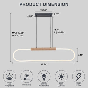 47.24 po. Suspension linéaire DEL intégrée moderne noire à 1 lumière avec accent en bois pour îlot de cuisine