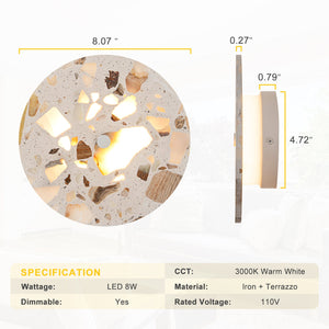 8.07 in. 1-flammige moderne runde dimmbare LED-Wandleuchte mit Mable Terrazzo-Schirm für Schlafzimmer, Foyer, Flur