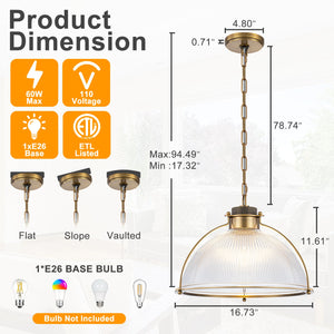 Suspension dôme en laiton pour îlot de cuisine ou salle à manger, 1 lumière, au design industriel avec abat-jour en verre transparent