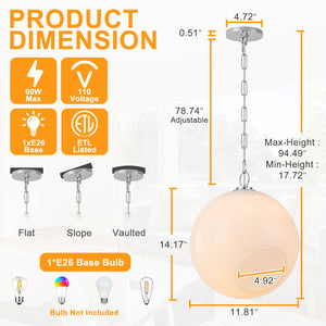 Suspension Globe Moderne Chromé avec Abat-jour en Verre Bulle Blanc pour Îlot de Cuisine, Salle à Manger