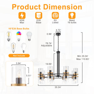 Lustre suspendu 16 lumières de luxe moderne en fer noir et or de 89,5 cm avec abat-jour en verre pour salon, salle à manger