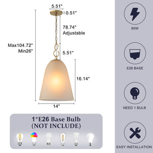 1-Light Modern Gold Bell Shaped Chandelier Hanging Light with Champagne-Colored Glass Shade for Dining Room