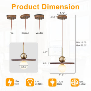 Suspension moderne 1 lumière or et bois, 25 W, avec abat-jour sphérique en verre blanc, pour chambre à coucher