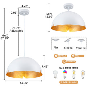 Suspension cloche industrielle 1 lumière en métal noir/blanc de 38 cm avec abat-jour en fer pour salles à manger, cuisines