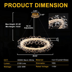 1-Leuchtgoldene moderne runde Kugel-Kristall-LED-Pendelleuchte, dimmbar, mit Glasblasen