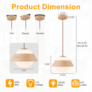 Suspension globe à 1 lumière en bois avec abat-jour en verre blanc de 27 cm pour îlot de cuisine et chambre à coucher
