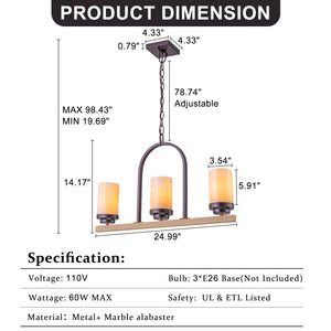 Suspension 3 lumières style industriel rustique Onyx de 25 po avec accents en similibois et cadre en fer en forme de U