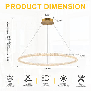 1-flammige moderne goldene Metallring-Kristall-LED-Pendelleuchte, dimmbarer Kronleuchter für Esszimmer