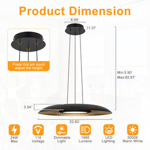 Lustre suspendu à dôme moderne noir à intensité variable, 1 lumière, 24 W, avec abat-jour en métal, pour salle à manger, îlot de cuisine